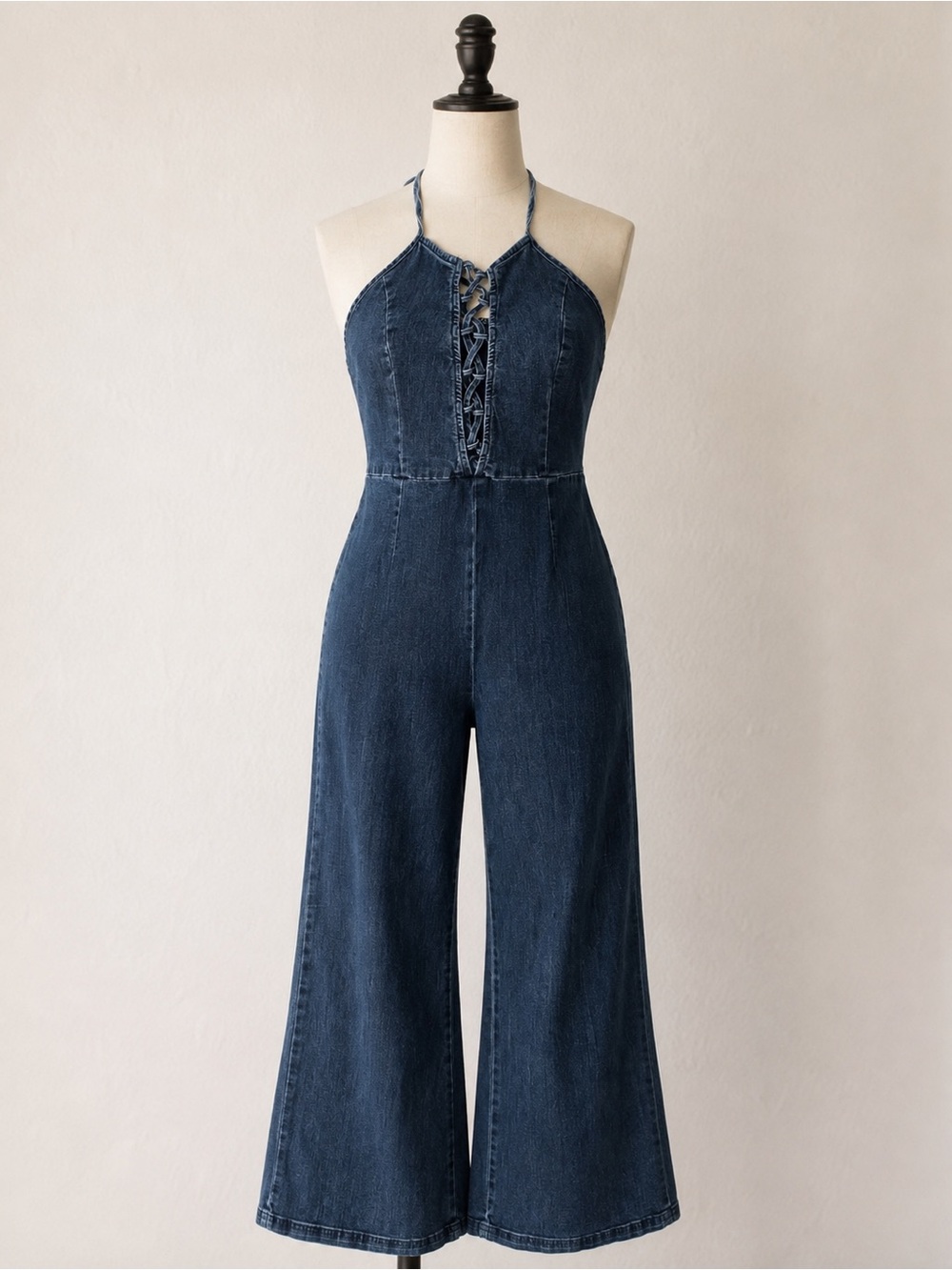 Blue Blush Dark Blue Denim Halter Flare Jumpsuit Soft Stretchy Jeans Size S EUC
